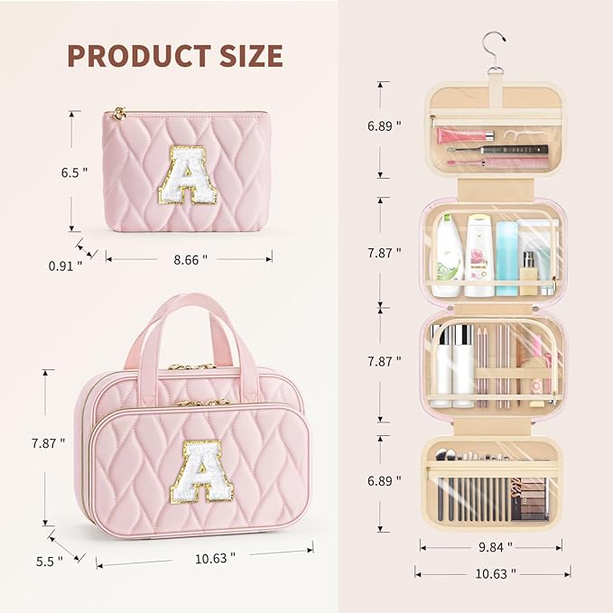 YOOLIFE Personalized Birthday Gifts for Women Teen Girls - Hanging Toiletry Bag Makeup Bag for Women Girls, Initial Toiletry Bag Makeup Bag Pink Letter C