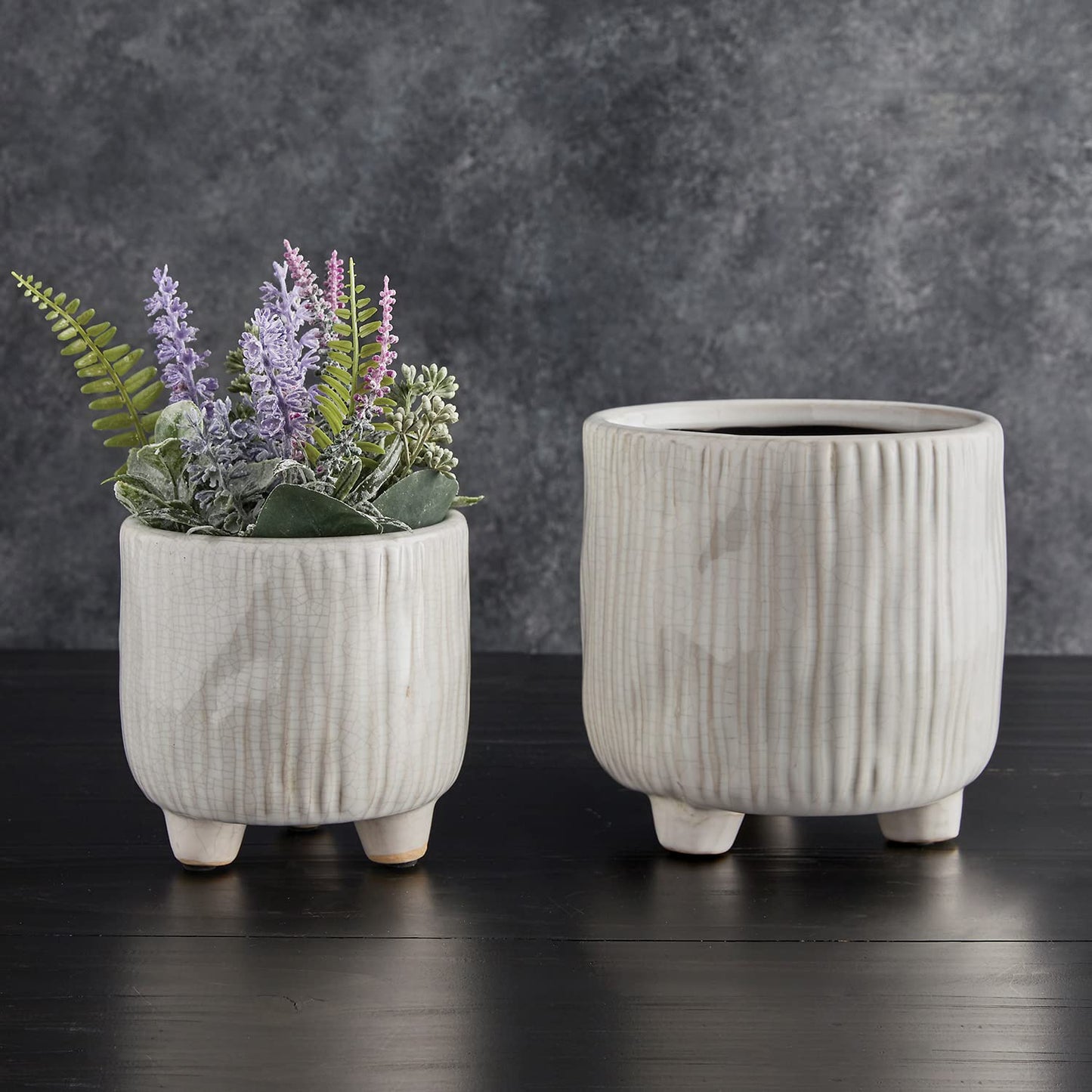47th & Main Textured Clean White Glazed Ceramic Footed Planter for Flowers Succulents and More, Small, Lines