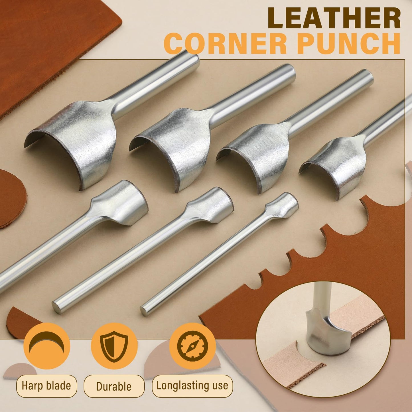 CBHGFEA 7 PCS Leather Corner Punch, Half-Round Cutter Leather Tools, Corner Cutter, 10-40 mm Half Depth Round Cutter Punch Set for Crafting Strap Belt, Wallet, Bag and DIY Leathercraft Projcts