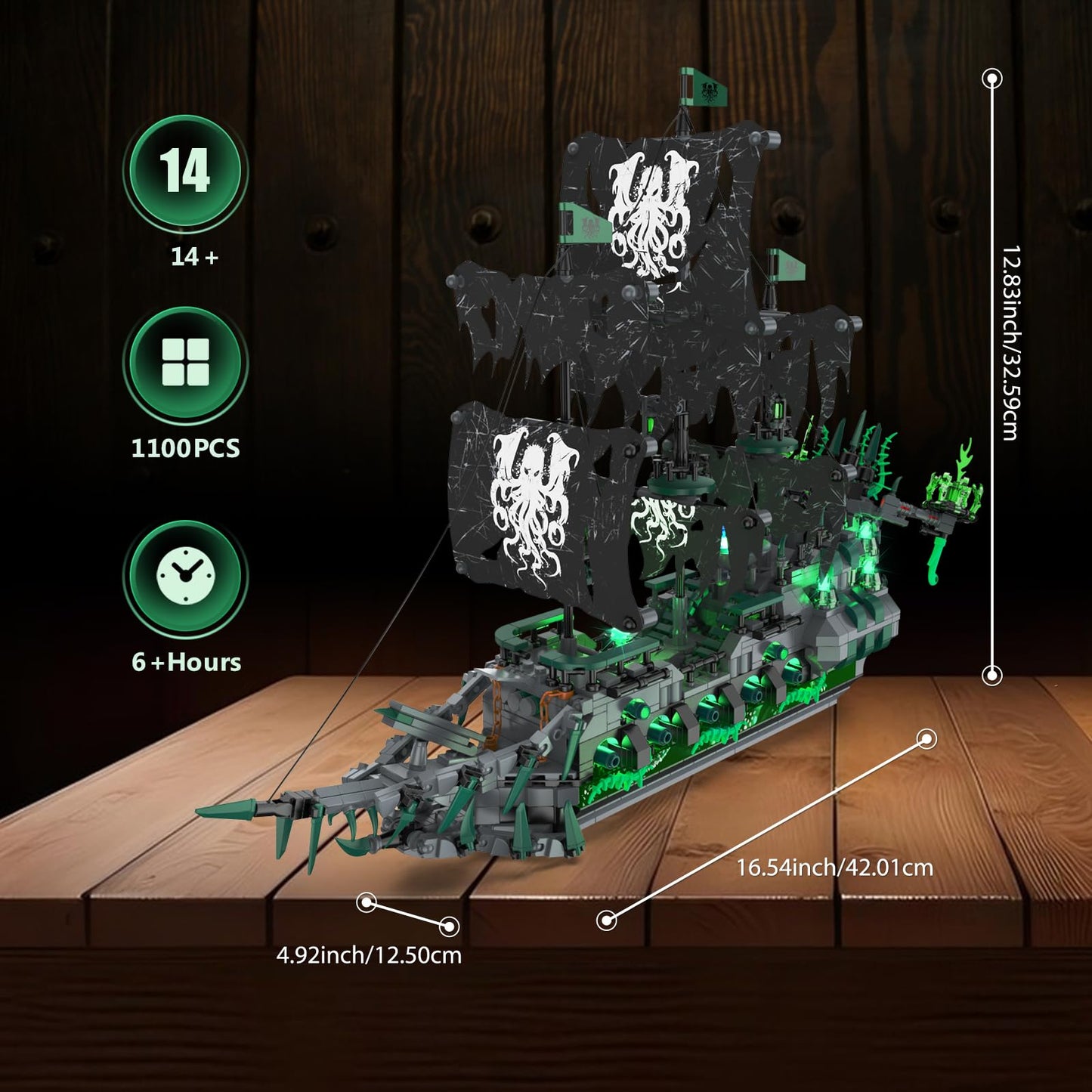 NUTCRACKER Pirate Ship Building Blocks Set with LED Lights, Ghost Ship Flying Dutchman Toy Building Sets for Adults, DIY Sailboat Model Kit for Easter, Halloween, Birthday's Gift (1100 Pcs)