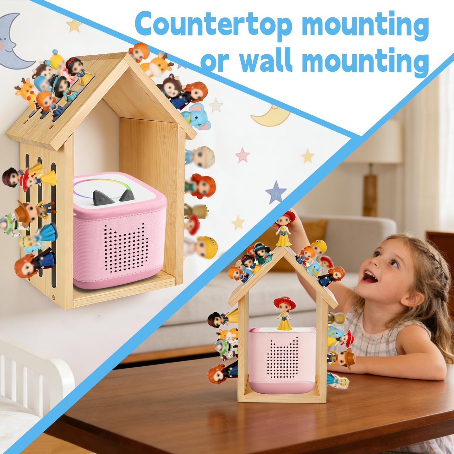 WAKCCIL for Tonies Shelf Magnetic Wall-Mount/Desktop House-Shaped Floating Storage Shelf, Wooden Display Organizer for Tonies Storage, Figure Organizer Rack for 12-40 Figurines Collection