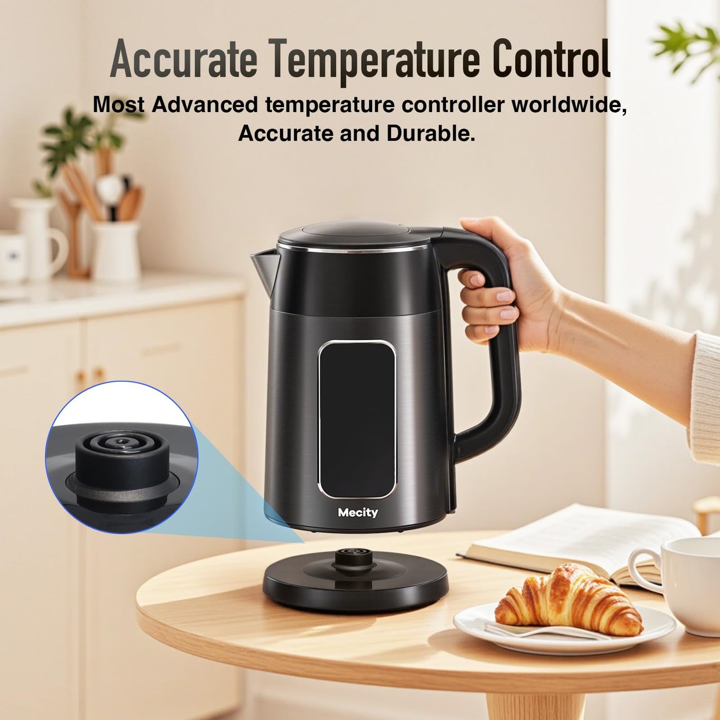 Mecity Electric Kettle 1.7L Touch Screen Temperature Control Water Boiler, No Plastic Contact with Water. 6 Preset Temperature Programs, 2 Hours Keep Warm, Auto Shut Off, Dark Grey