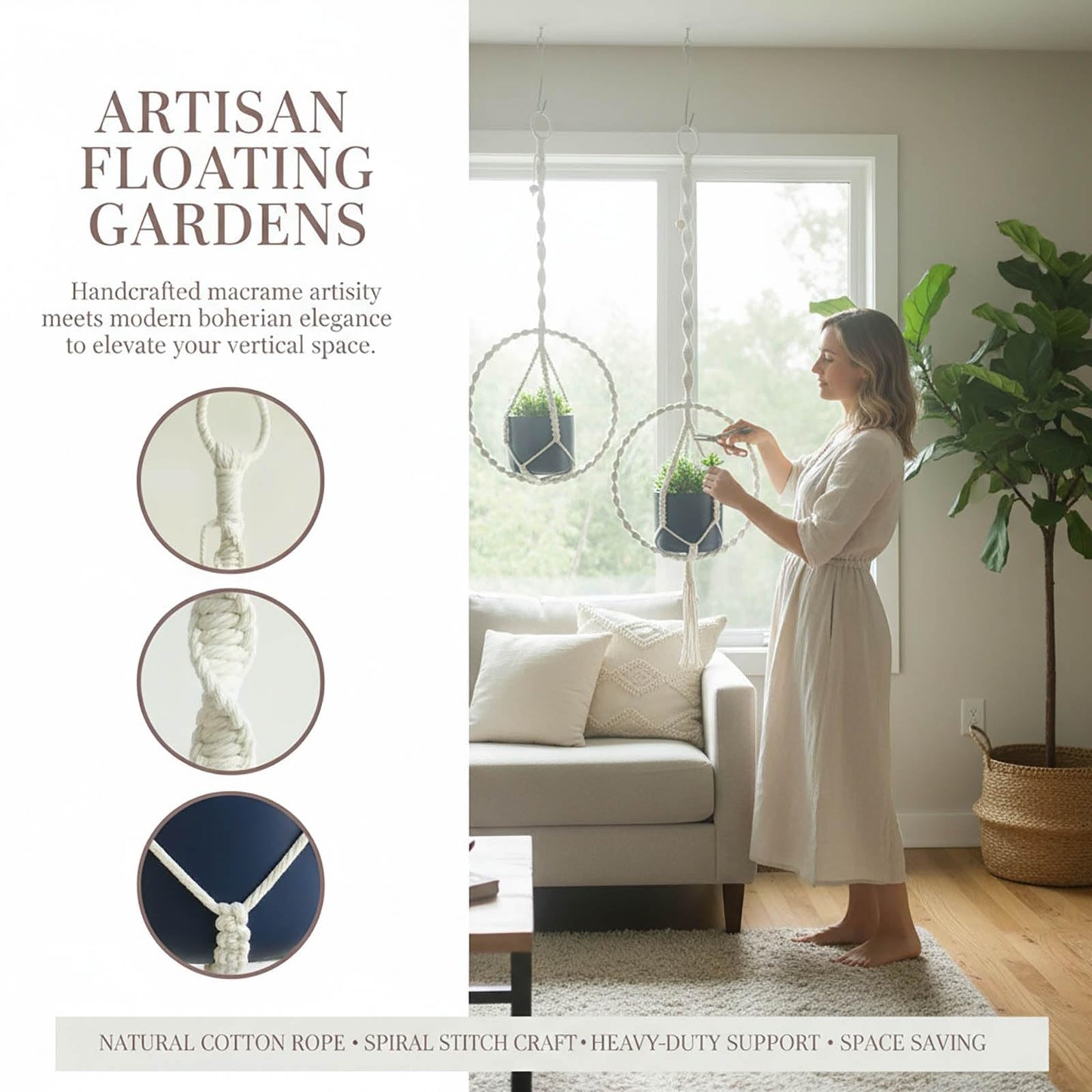Macravine 2-Pack Plant Hanger with, Handcraft Planter Holder, Boho Chic Handmade Pot Holder for Home/Window Decoration, 2 Sizes 11.8"*23.6", 11.8" *31.5", Beige (No Pot and Plant Included)