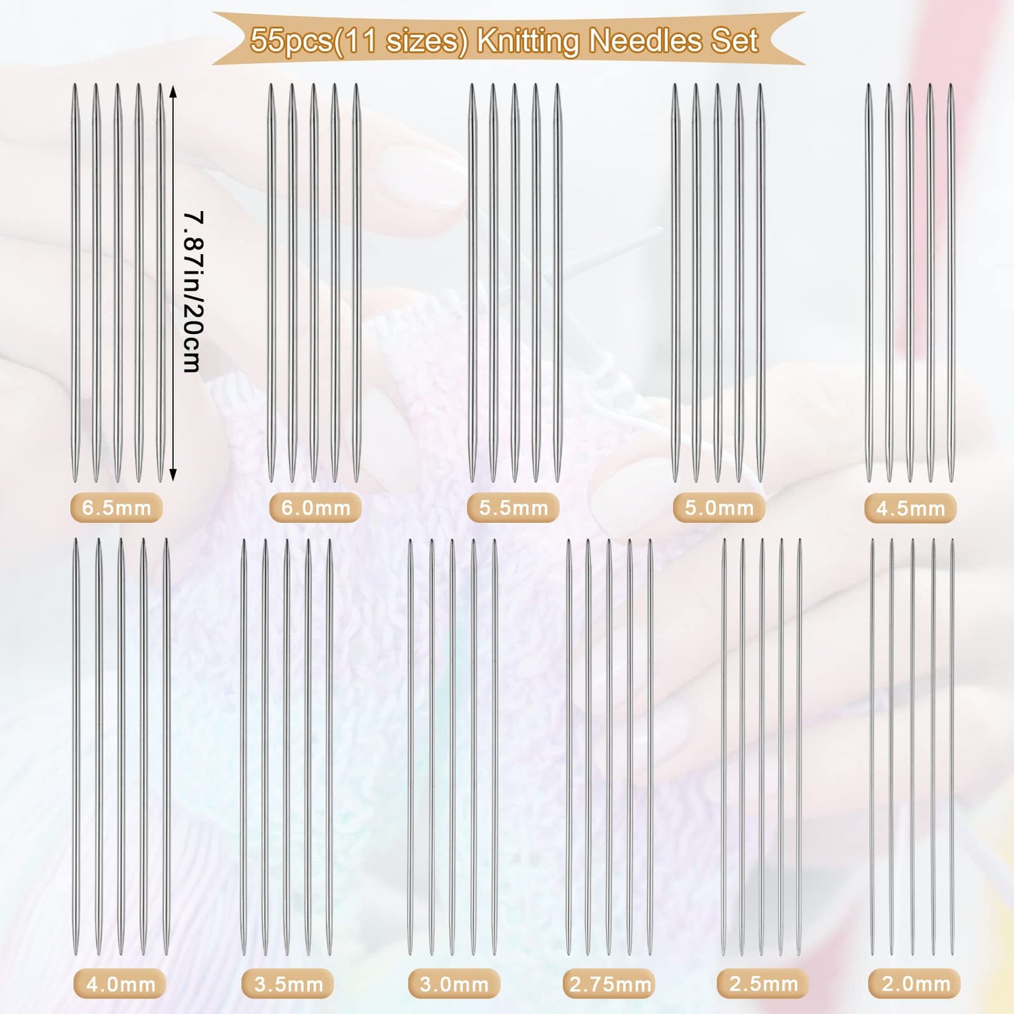 Aeelike 55pcs Double Pointed Knitting Needles - Short Knitting Needles Set Straight Knitting Needles Double Pointed for Beginners - 11 Sizes Stainless Steel Metal Knitting Needle Sets 2mm to 6.5mm