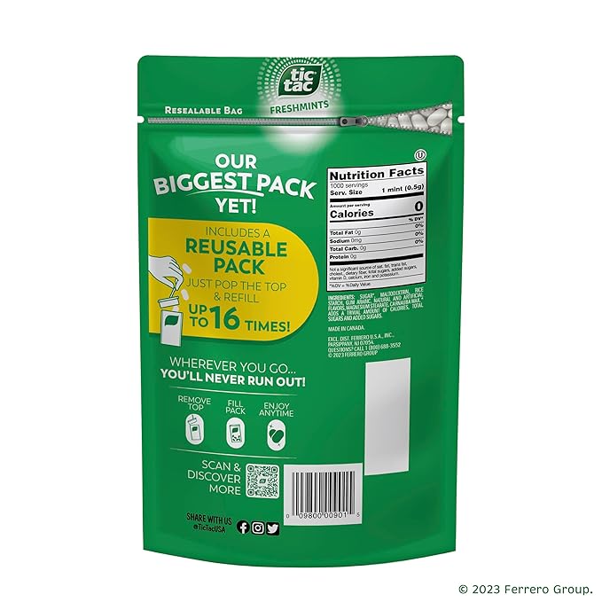 Tic Tac Bulk Resealable Refill Bag, Freshmint Breath Mints, On-The-Go Refreshment, Includes Empty Refillable Pack, 17.2 oz