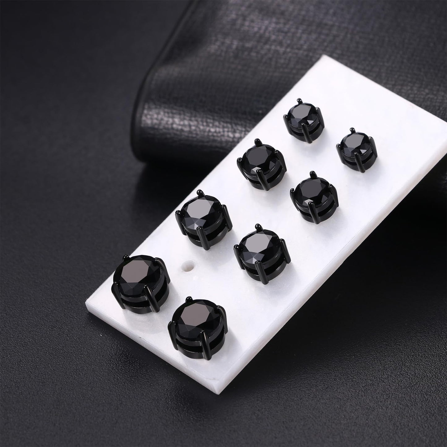 Magnetic Non-piercing Clip On Earrings: Stainless Steel 5-8mm Black CZ Inlay Round Fake Cheater Studs for Men Women, 4 Pairs