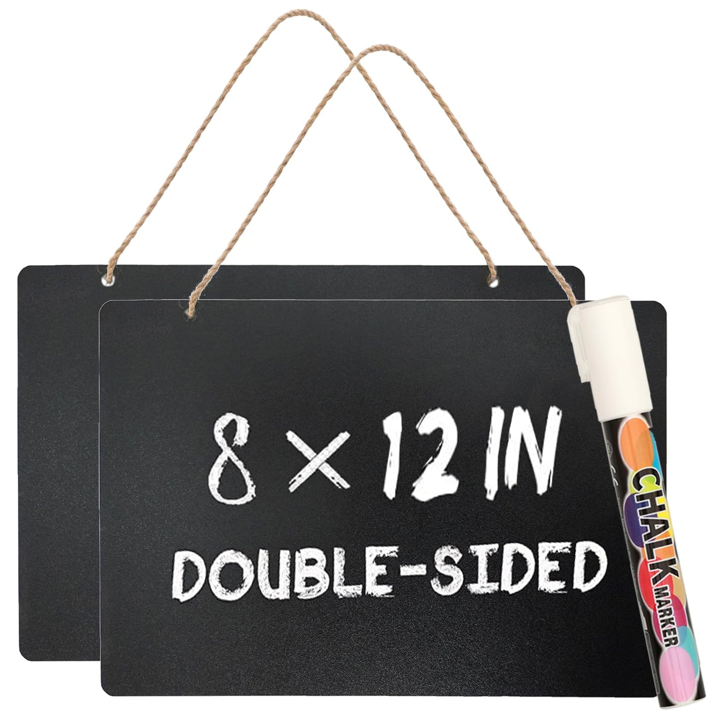 2 Pack Chalkboard Sign with String 8"x12" Double Sided Erasable Message Board Sign, Wooden Mini Chalkboards Sign with Liquid Chalk Marker, Hanging Message Board for Bar and Special Event Decorations