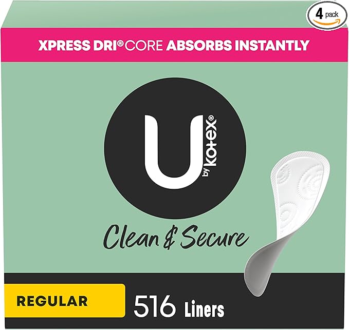 U by Kotex Clean & Secure Panty Liners, Light Absorbency, Regular Length, 516 Count (4 Packs of 129) (Packaging May Vary)