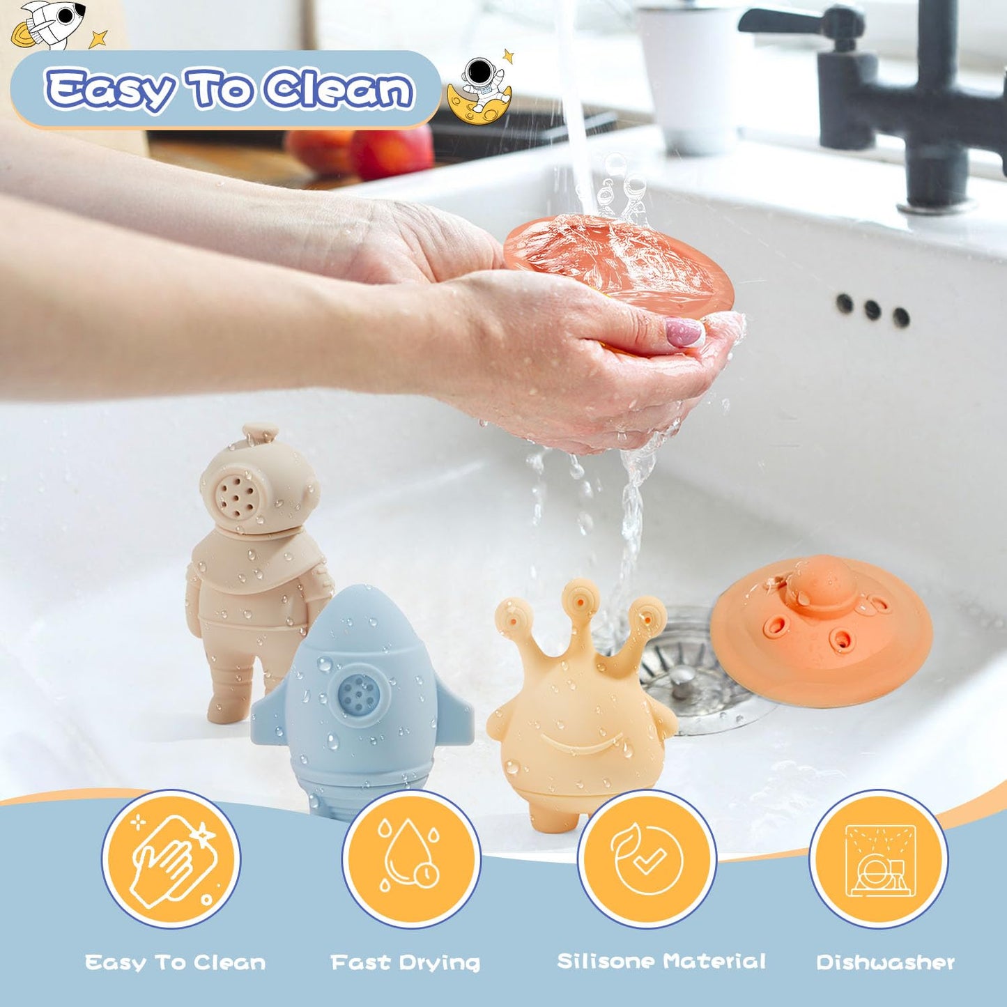 AMCHSURI Bath Toys, Space & Rocket 4 Pack | Dishwasher-Safe & Mold Free Silicone Bath Toys | Soft, Squeezable & Float on Water | Soft & Easy-Grip Baby & Toddler Bath Toy Set | Baby Pool Toys