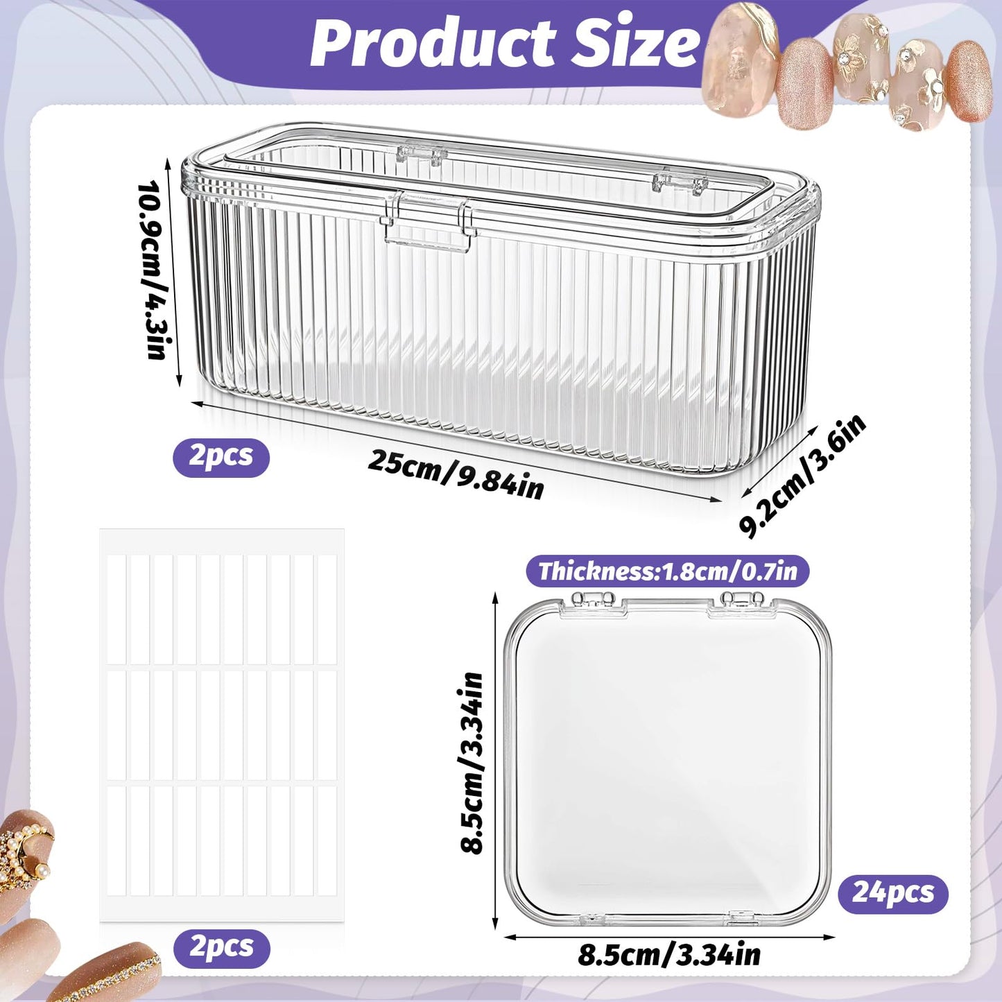 HANLANXUE 26 Pack Press On Nail Organizer, 24 Clear Press On Nail Storage Boxes and 2 Big Storage Box with 120 Adhesive Double Sided Tape Acrylic Nail Display Box Nail Packaging Boxes for Nail Salon