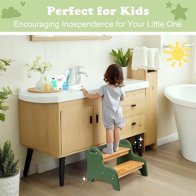 StrongTek Kids 2 Step Stool, Rubber Wood Step for Children, Safe & Sturdy, Ideal for Bathroom, Kitchen, Home Use, Durable, Non-Slip, Child Safety, Foot Stool, Toddler Step Stool, Easy to Clean