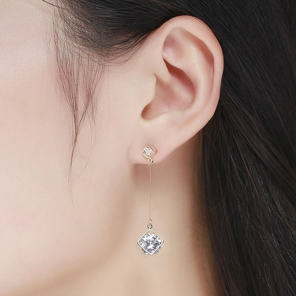 SBLING Cubic Zirconia Wedding Earrings for Brides Bridesmaids, Bridal Dangle Earrings, Cube Crystal Drop Earrings for Women Jewelry Gifts