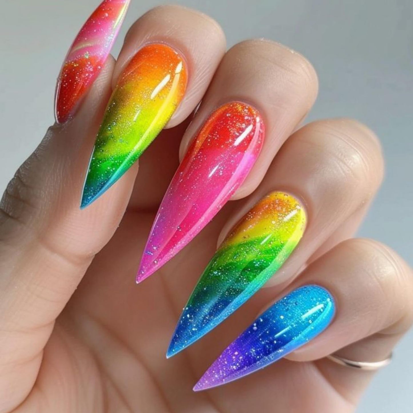 SEENEEY Stiletto Gradient False Nails, 24pcs Acrylic Press-On Nails, Glitter Glue, Ombre, XL Nails, Glitter, Colorful, Artificial Nails, Long Press On Nails