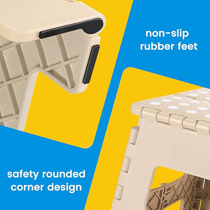 ACSTEP Folding Step Stool Lightweight Plastic Step Stool 9 Inch Foldable Step Stools Non Slip Folding Stools for Kitchen Bathroom Bedroom Khaki