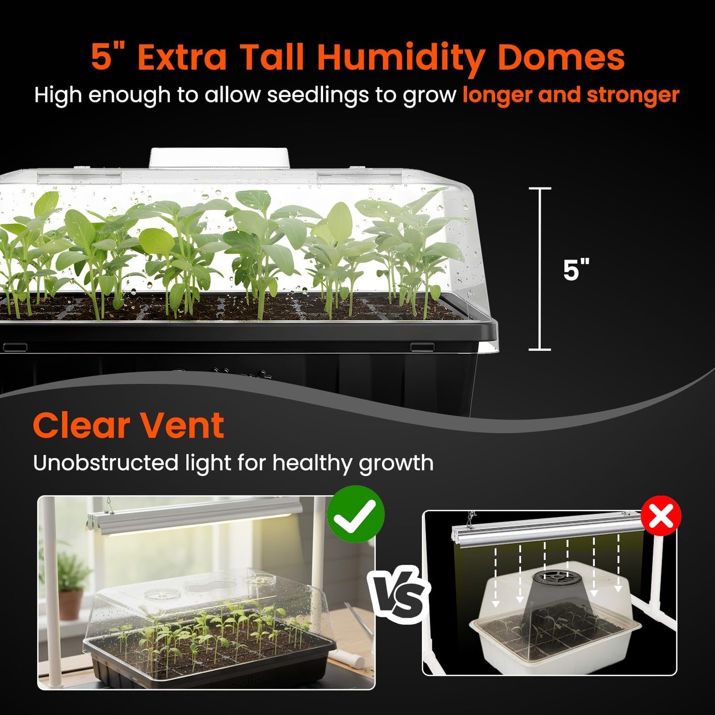 SOLIGT [Thick Plastic] 3-Set Strong Seed Starter Trays with 5" Humidity Domes for Seed Starting, Germination, Seedling Propagation & Plant Growing, Holds 144 Cells in Total