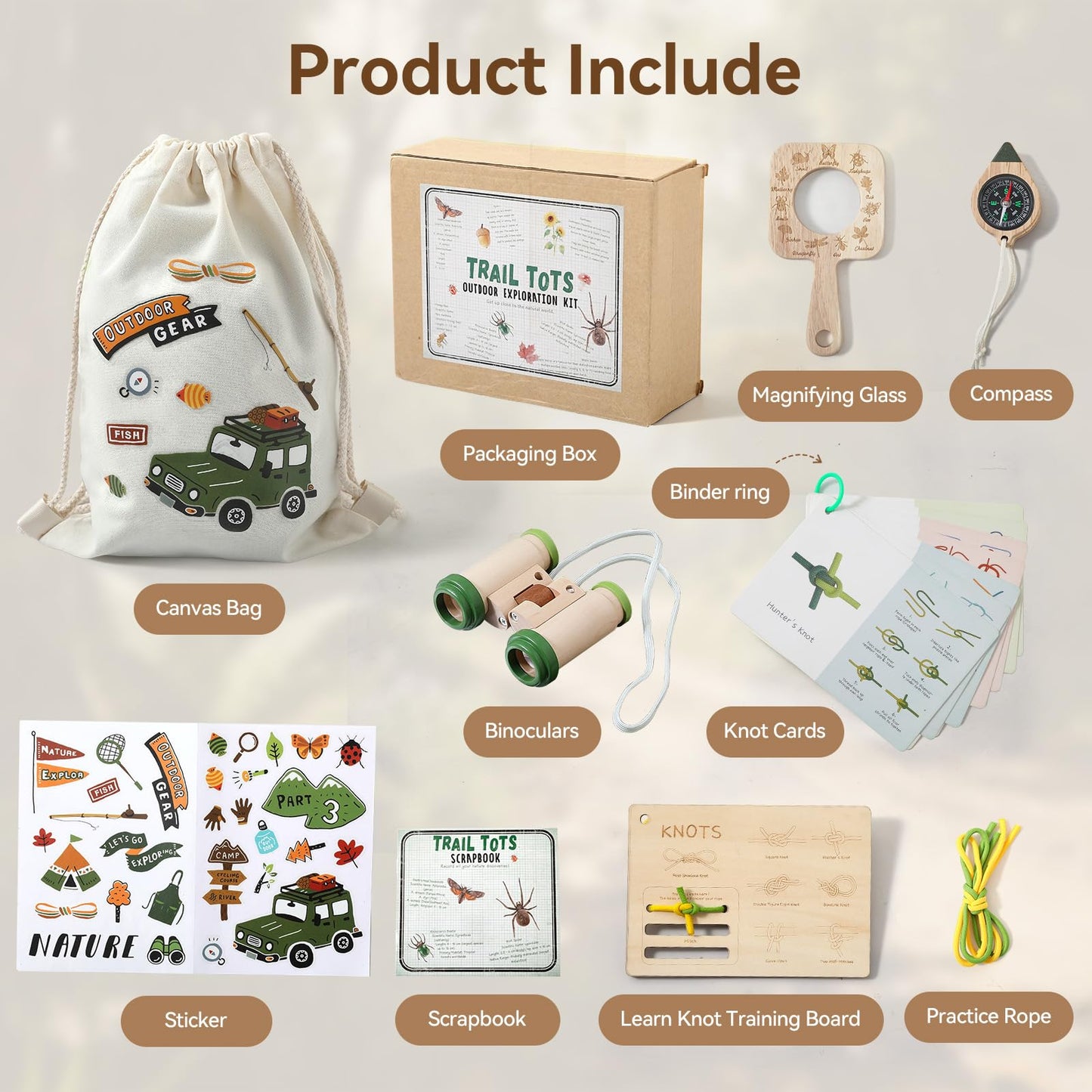 Kids Outdoor Explorer Kit Ages 4–8, Wooden Binoculars, Compass and Knot-Tying Board, Nature STEM Learning & Camping Toy Birthday Gift for Boys and Girls