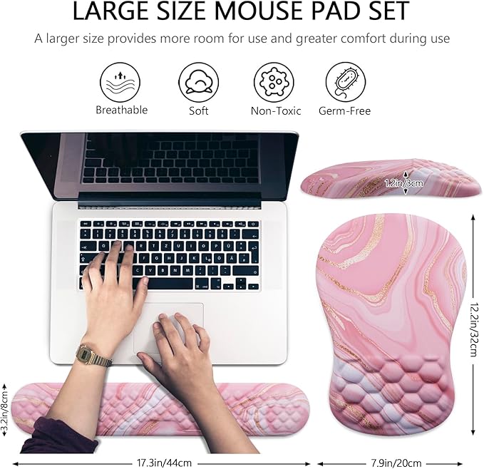 Mouse Pad Wrist Support, Laokiiy 2 in1 Keyboard Wrist Rest+ Ergonomic Mouse Pad, Non-Slip Wrist Rest for Computer Keyboard, Made Easy Typing & Relieve Wrist Pain(Rose Gold Pink Marble)