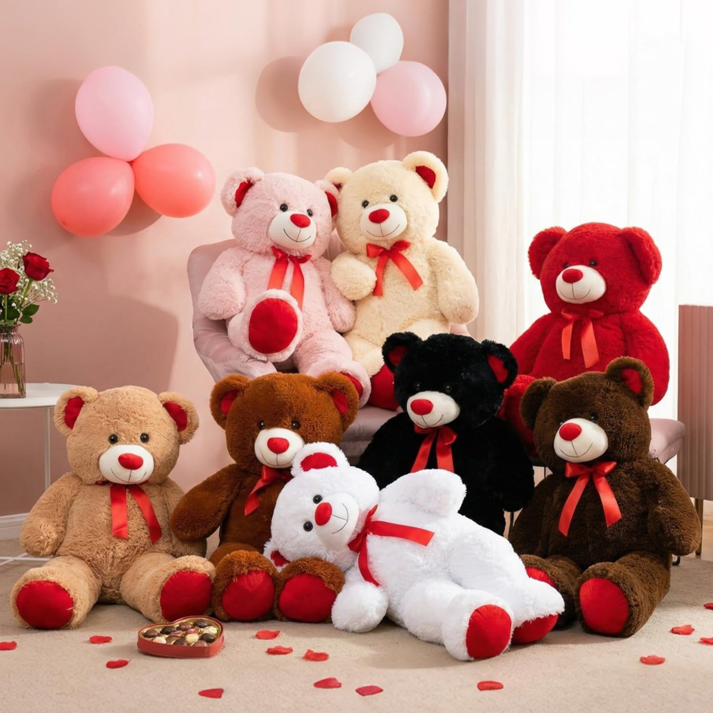 WENMOTDY Huge Teddy Bear Stuffed Animal Giant Teddy Bear Plush with Red Ribbon Bow Day Plush Toy Gift for Girlfriend and Kids 36 inch Beige
