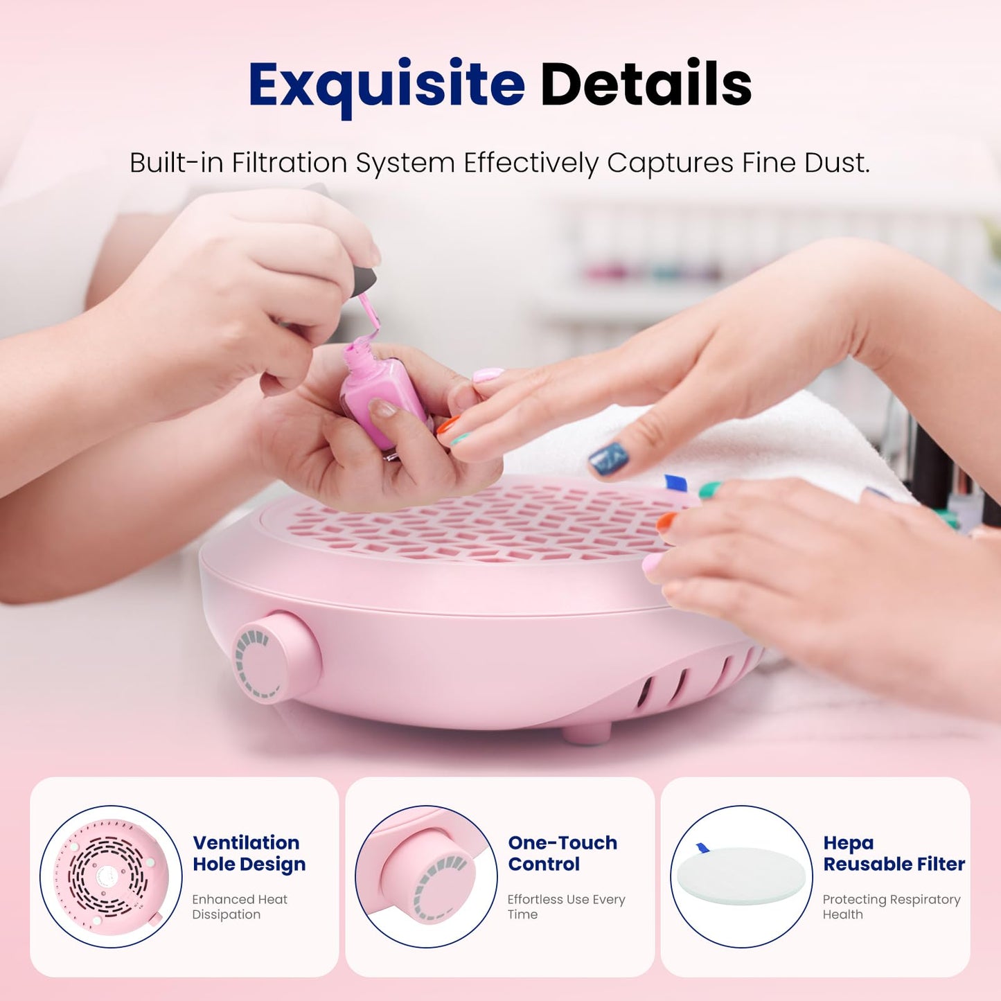 WISADA Nail Dust Collector, 4500RPM Powerful Suction Pink Nail Vacuum with Reusable Filter and Brush, Stepless Speed Control for Acrylics & Gels, Salon Tech & Home Essentials