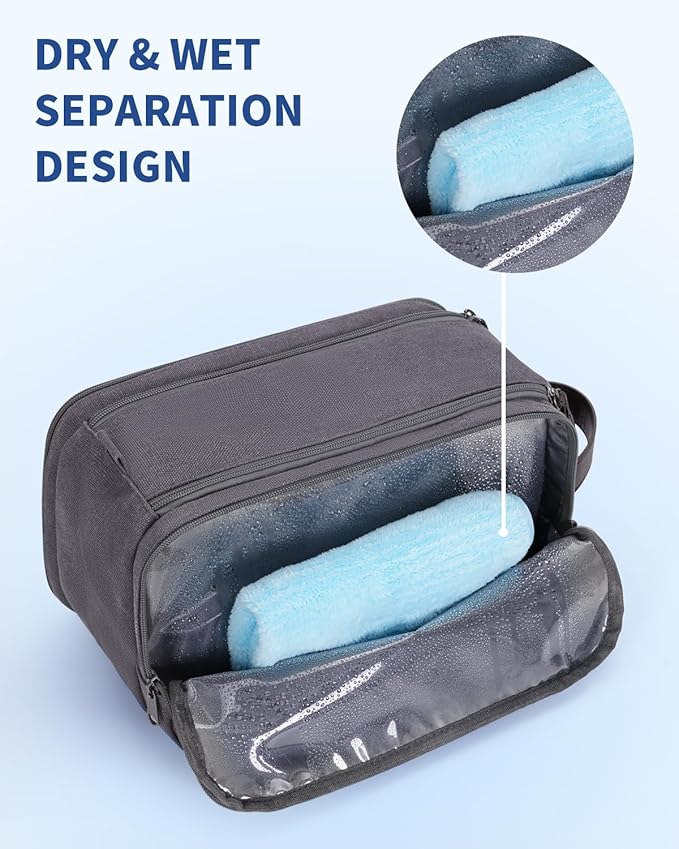 WANDF Toiletry Bag for Men Travel Toiletry Organizer Canvas and Leather Dopp Kit Water-Resistant Shaving Bag for Travel Accessories (Grey, Large)