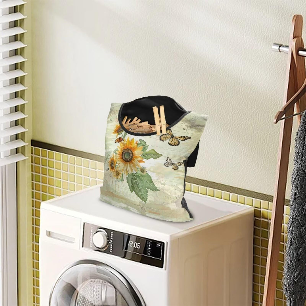 Sunflowers Butterfly Clothespin Bag for Clothesline Outdoor Storage with Hanger Hook