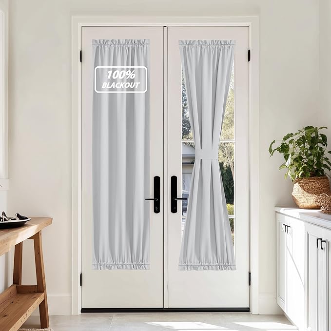 NICETOWN 100% Blackout Door Curtain for French Front Door Thermal Insulated Window Covering with Tieback for Patio Glass, Room Darkening Drapes for Living Room, W25 x L72, 1 PC, Greyish White
