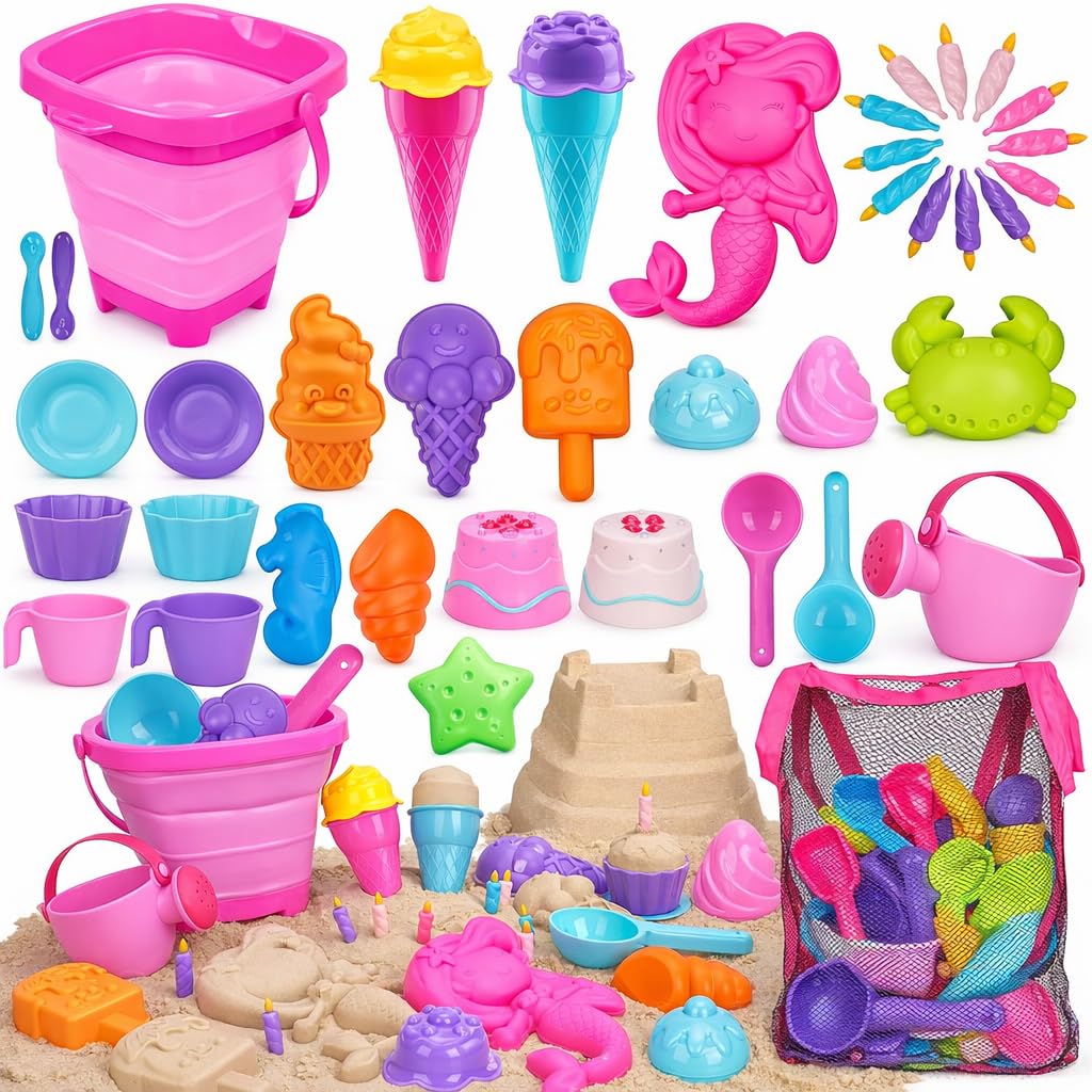 TOY Life 41 Pcs Beach Toys for Kids Ages 4-8 Collapsible Sand Toys Toddlers with Silicone Bucket Shovels & Sand Castle Building Kit Molds, Sandbox Toy Travel, Beach Party, Fishing, Summer Activities