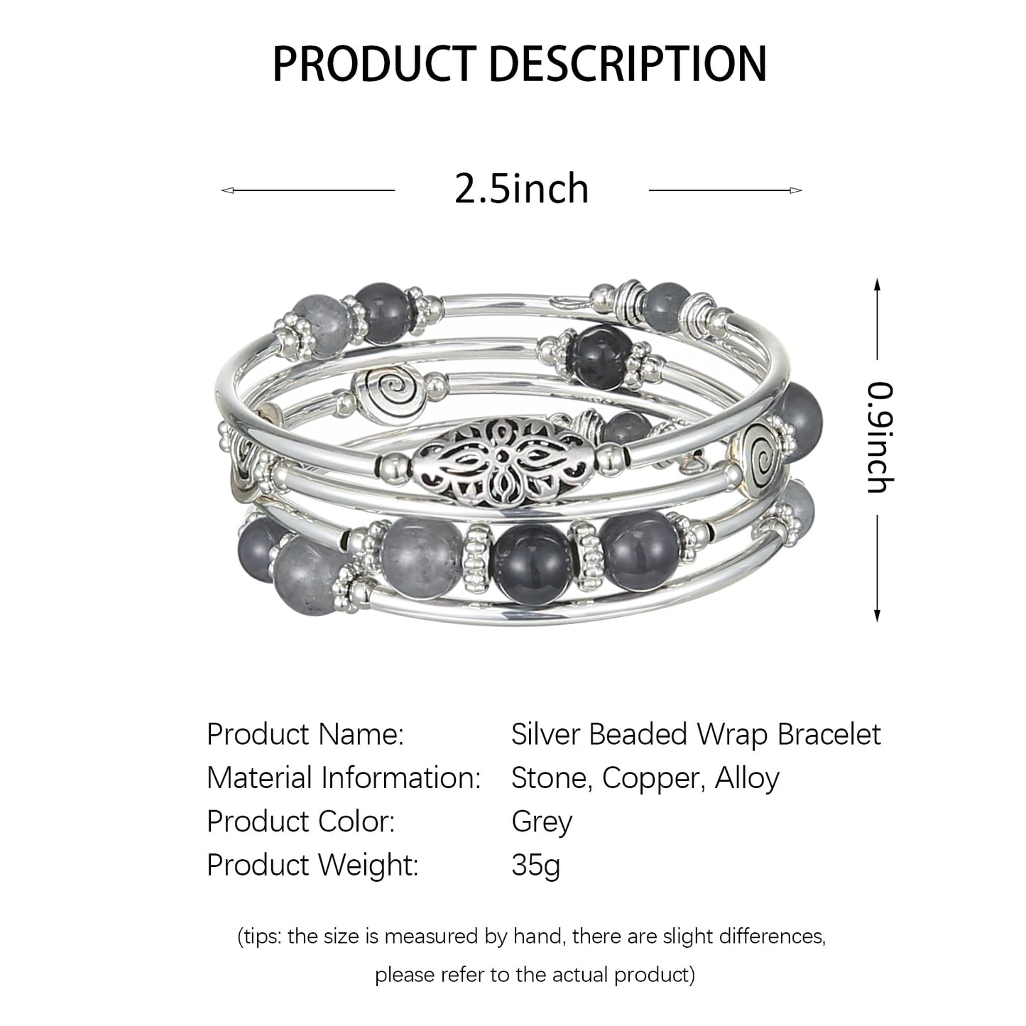 FULU AUTUMN Stackable Beaded Bracelets for Women Boho Wrap Silver Bracelet Layered Fashion Jewelry Gifts for Her(17-Grey)