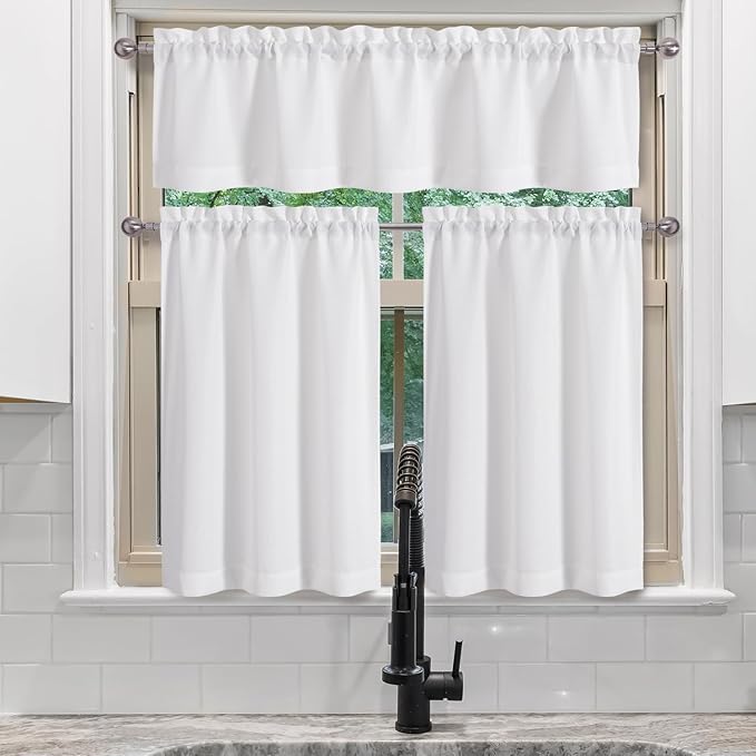 Chyhomenyc White Curtains 30 Inch Length, Faux Linen Textured Small Cafe Curtain, Light Filtering Short Curtains for Bathroom Curtain Window, 30x30 Inch, 2PCS
