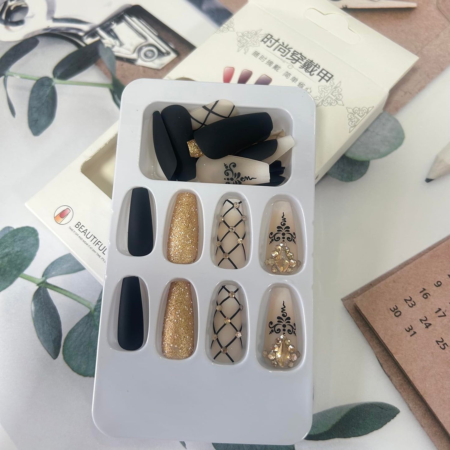 Medium Press On Acrylic Nails with Black Grid Designs - Full Cover Coffin Glossy Golden Diamond False Nails, Reusable Set for Women