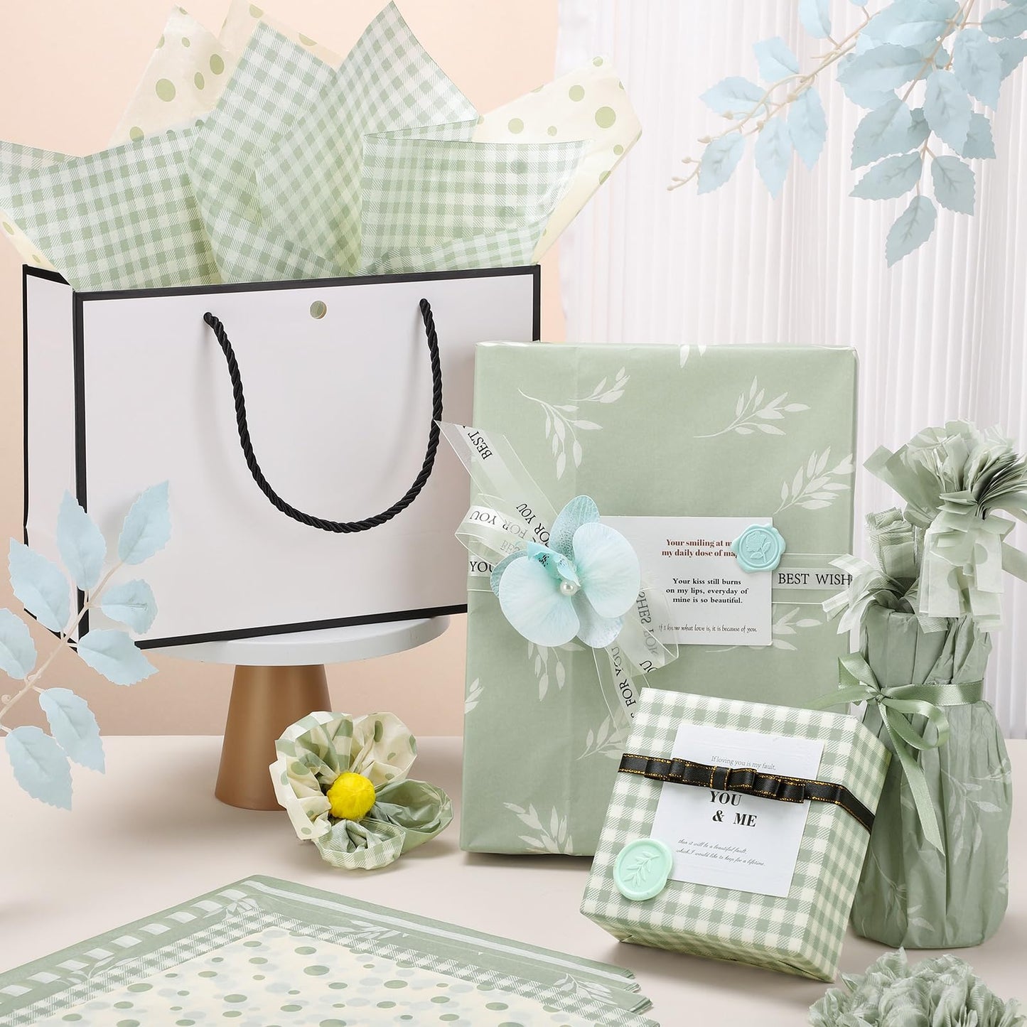 woric 120 Sheets Green Tissue Paper for Gift Bags, Sage Green Gift Tissue Paper Bulk with Botanical Stripe Dot for Spring Wedding Baby Shower Graduation DIY Crafts, 14 x 20 Inch