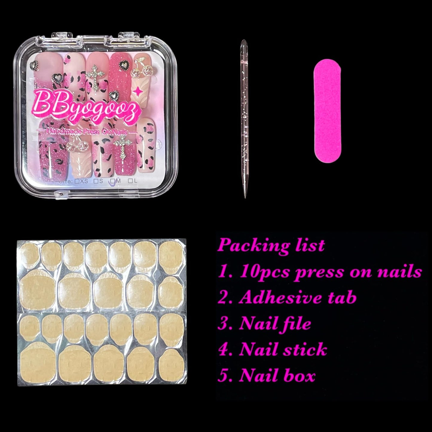 Handmade Press On Nails Pink Leopard Print Design Medium/Long Square Cherry Charms, Glitter Ombre Artificial Acrylic Thick False Nails (Sparkle, M)