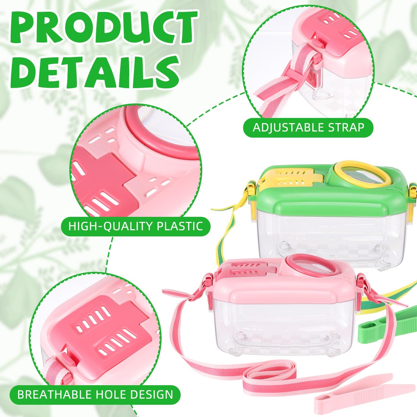Halloscume 6 Sets Bug Catcher for Kids Students Insect Catching Kit Collector Bug Box with House, Butterfly Net, Tweezer, Cage Habitats Container Collection Explorer Gift (Pink,Green)