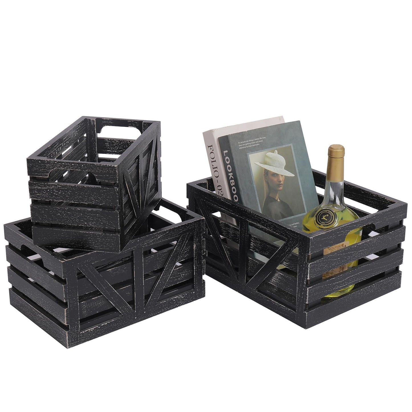 HTAYUXWO Storage Crates Nesting Wooden Boxes 3 Pack,Wood Storage Crates with Handles,Rustic Farmhouse Crates,Wooden Storage Container for Display
