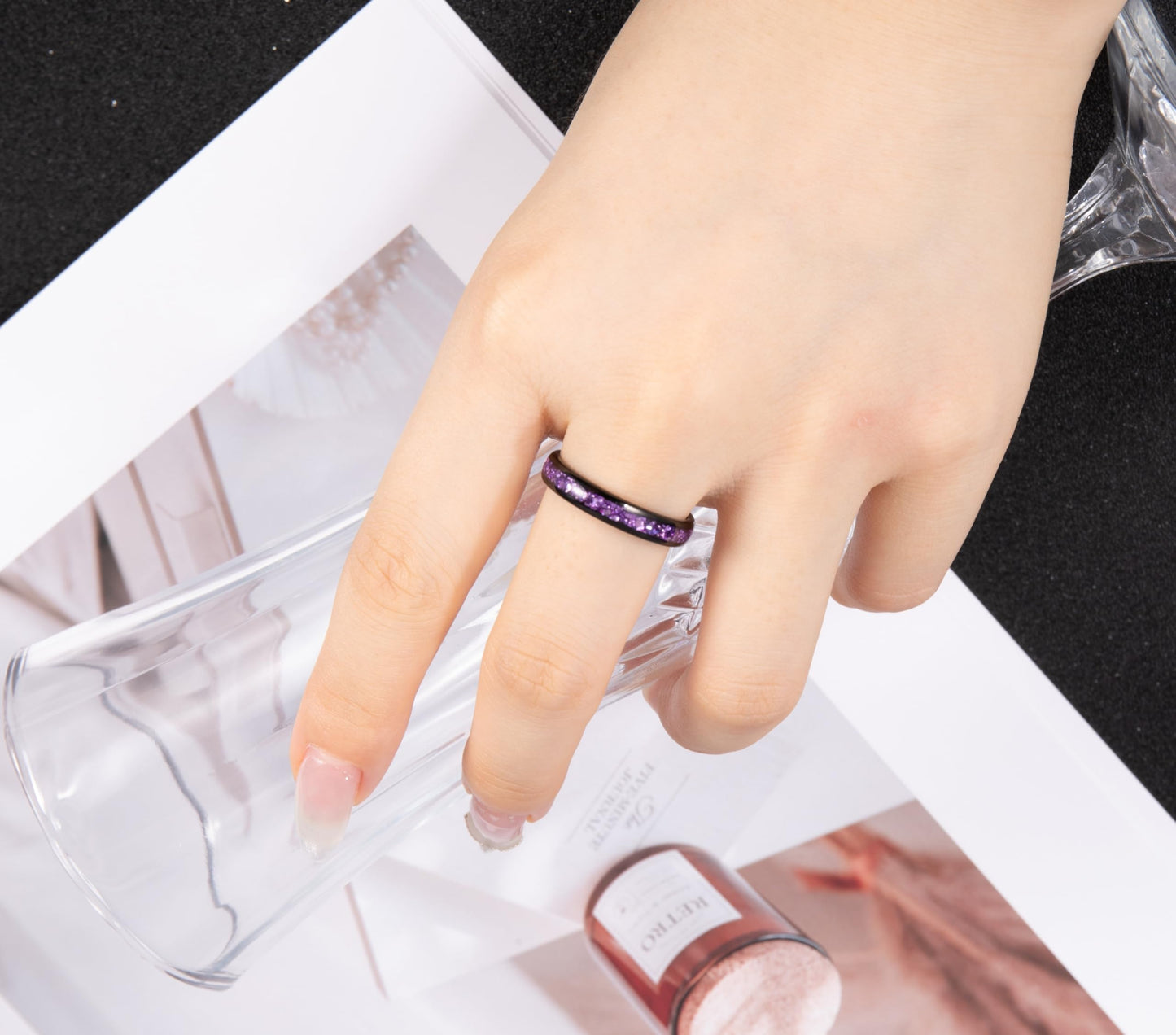 NUNCAD Women's Tungsten Rings 4mm Black Wedding Band Inlaid with Amethyst Center Polished Domed Comfort Fit Size 5-9