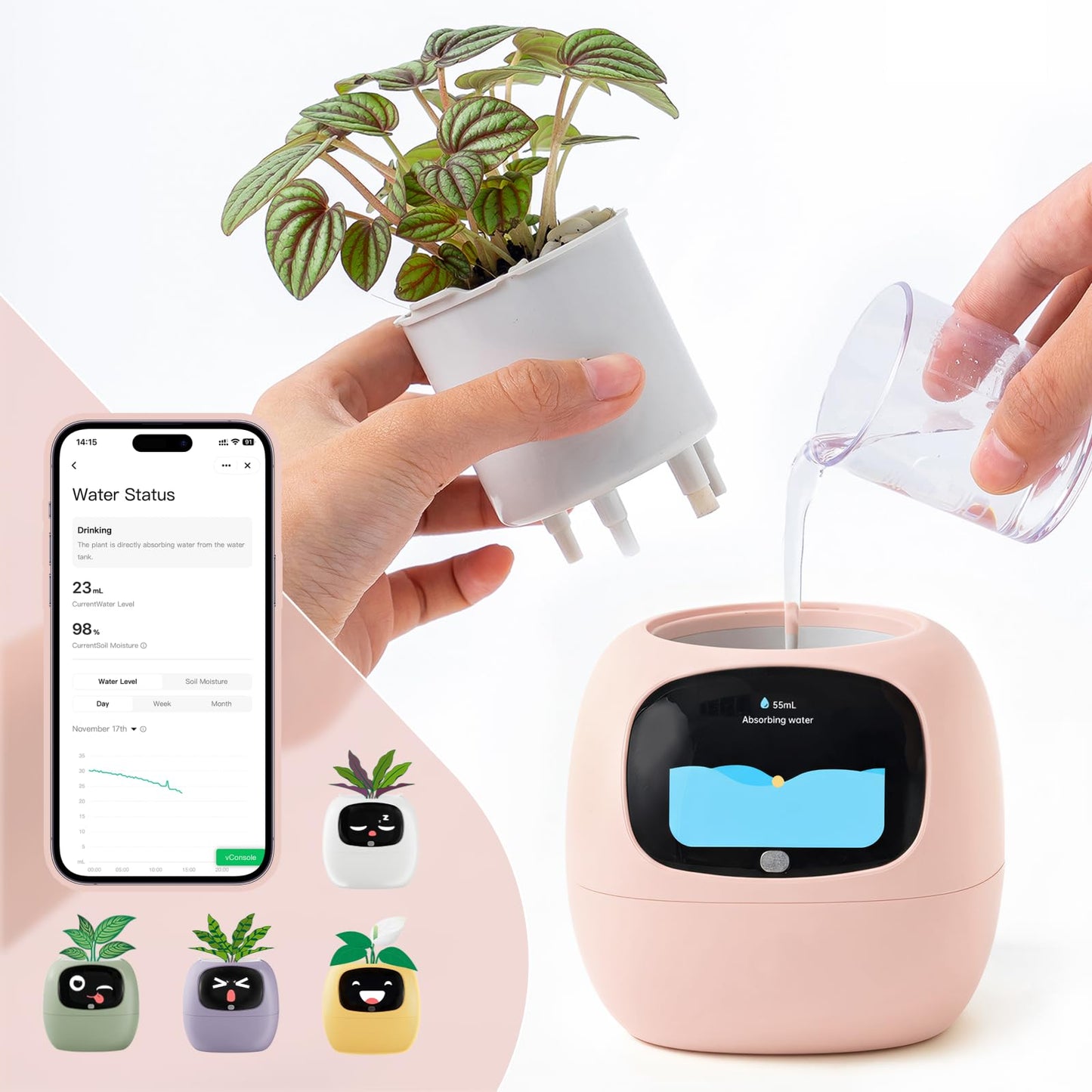 Smart Plant Pot with Visual Display – Soil Moisture, Water Level, Light & Battery Monitor, 80ml Self-Watering Reservoir, Supports 100+ Plants, Pomodoro Timer, Clock & Calendar-Pink