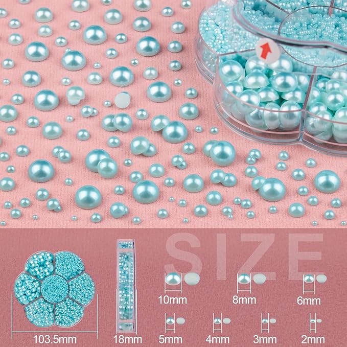 Nail Art Flat Back Half Round Pearl Kits 22, 1 Box of 6000 Pcs Flat-Back Light Blue Pearl with Tweezer and Picker Pencil for Home DIY Nails Body Face Craft and Salon Use