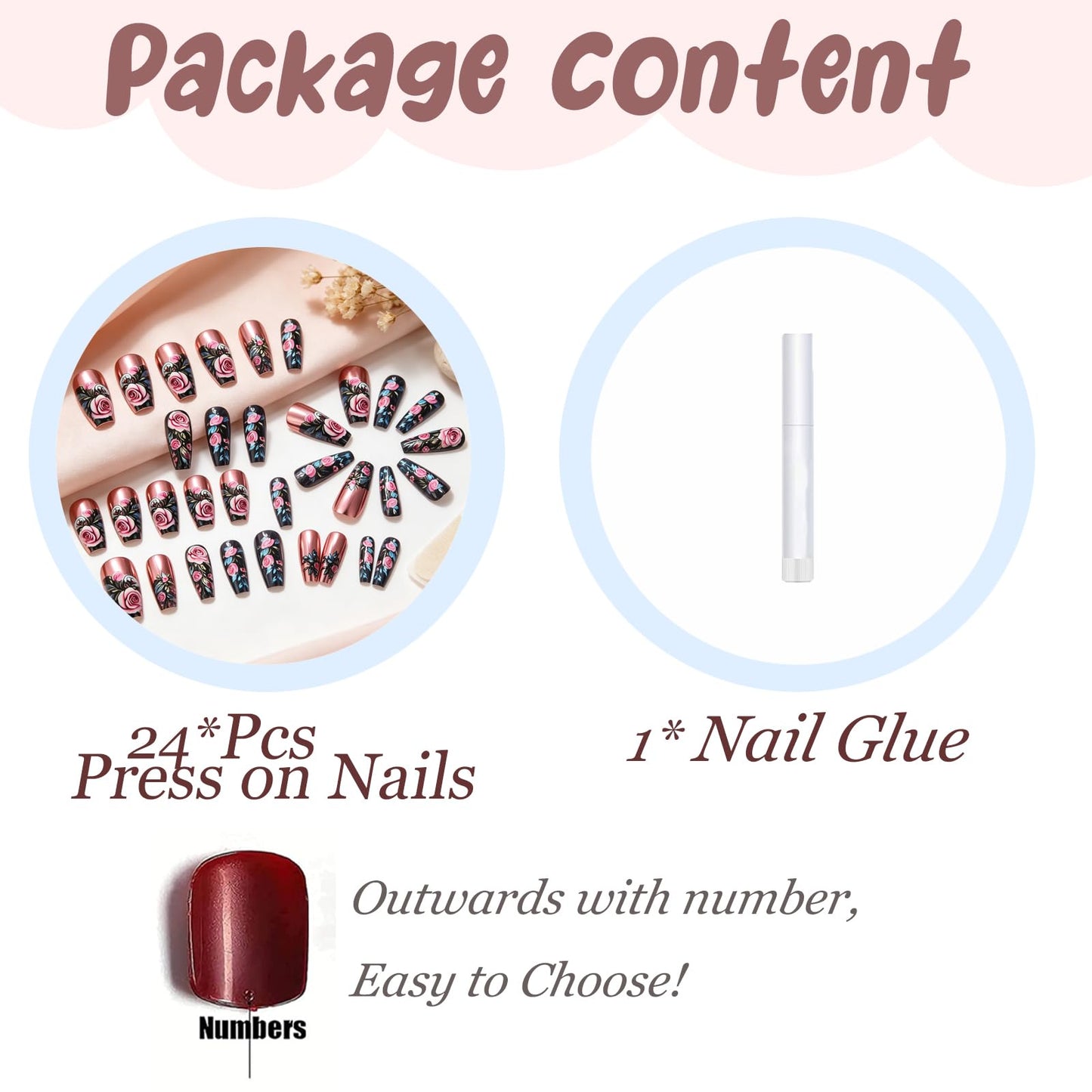 BABALAL Long Coffin Press On Nails, Romantic Rose Fake Nails with Pink Chrome Metallic & Floral Print, Black Acrylic Stick On Nails for Women 24Pcs