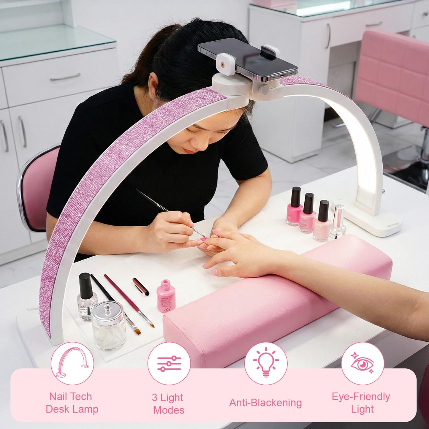 obcd Half Moon Light for Nail Desk 31" Foldable LED Nail Desk Lamp with Phone Holder, Professional Nail Tech Light for Manicure & Beauty Studio