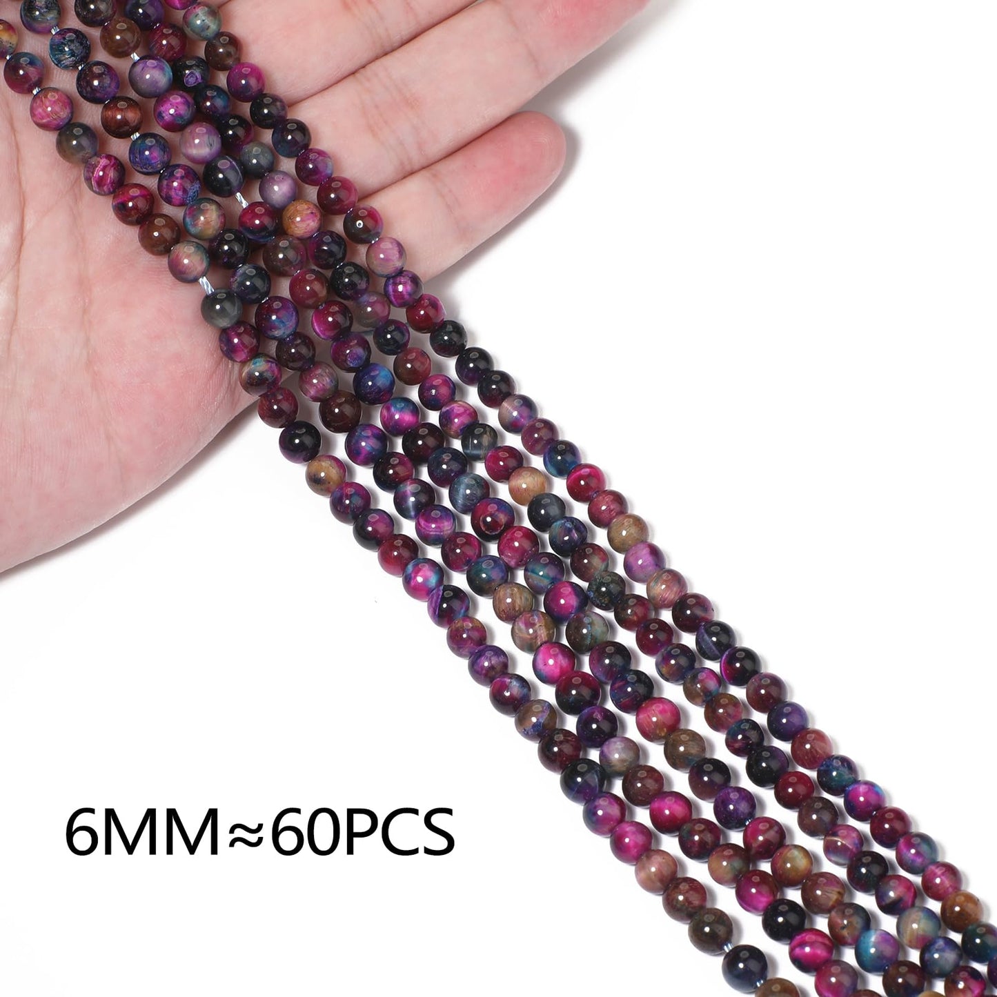 Yochus Natural Tiger Eye Beads, 60Pcs 6MM Milky Way Reddish Blue Color Enhance Round Loose Stone Bulk, DIY Charm Smooth Gemstone Beads for Jewelry Making