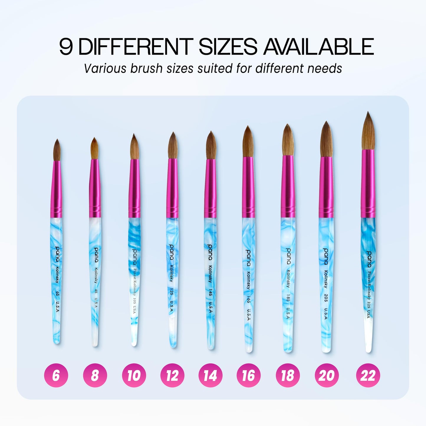 PANA USA Acrylic Nail Brush Pure Kolinsky Hair Acrylic White Swirl Blue Handle with Pink Ferrule Round Shaped - Size 8