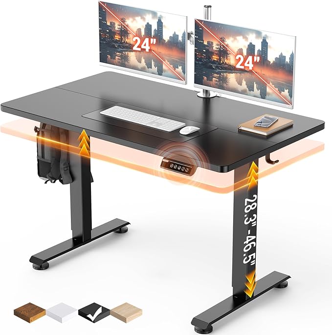 Veken 47.2" Standing Desk, Adjustable Height Office Desk with Wood Desktop, Computer Table for Home Work, Study and Gaming, Small Spaces, Modern Furniture, Black