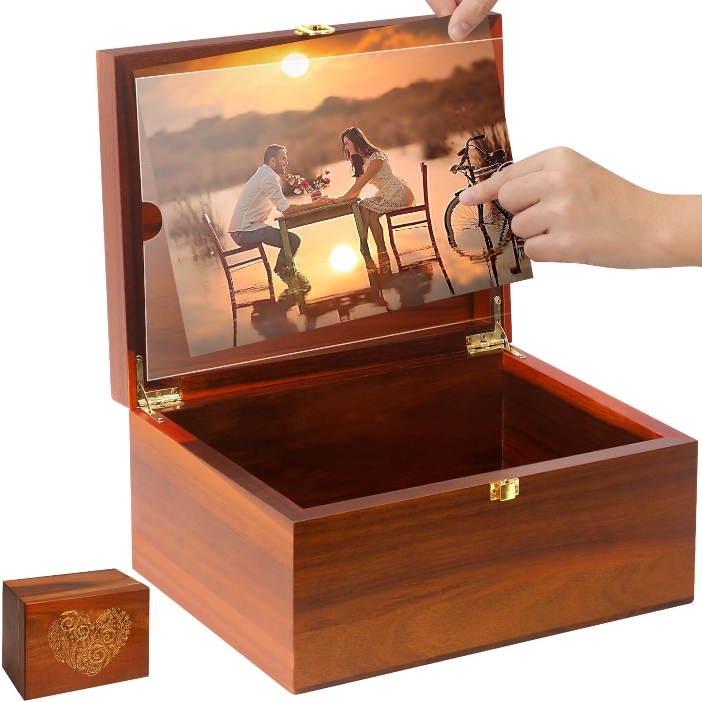 Large Wooden Keepsake Box with Hinged Lid and Photo Frame - Elegant Wedding Memory Box, Ideal for Photos, Letters, Time Capsules, Bride Gift, Decorative Storage，5.5“*8.6”*11.3“