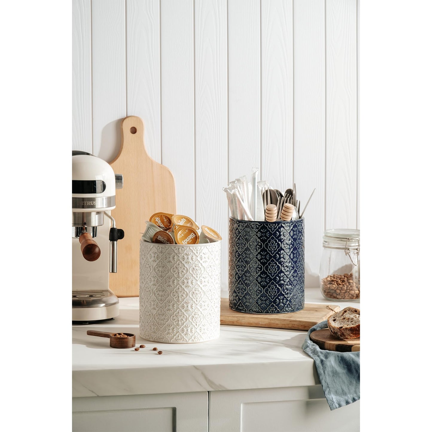 MIKIGEY Kitchen Utensil Holder, 6x7 inch Large Ceramic Utensil Holder with Embossed Pattern, Cooking Utensil Crocks for Kitchen Countertop, Home Decor, Off-White