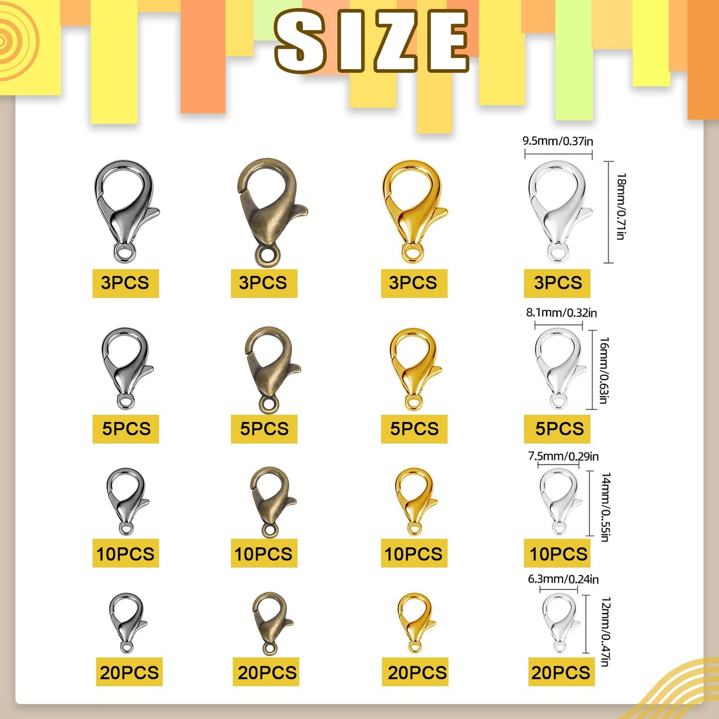 Mardatt 152Pcs 4 Sizes Mixed Color Lobster Claw Clasps Kit - 12mm, 14mm, 16mm, 18mm for DIY Bracelet & Necklace (Silver, Gold, Gun Black, Bronze)