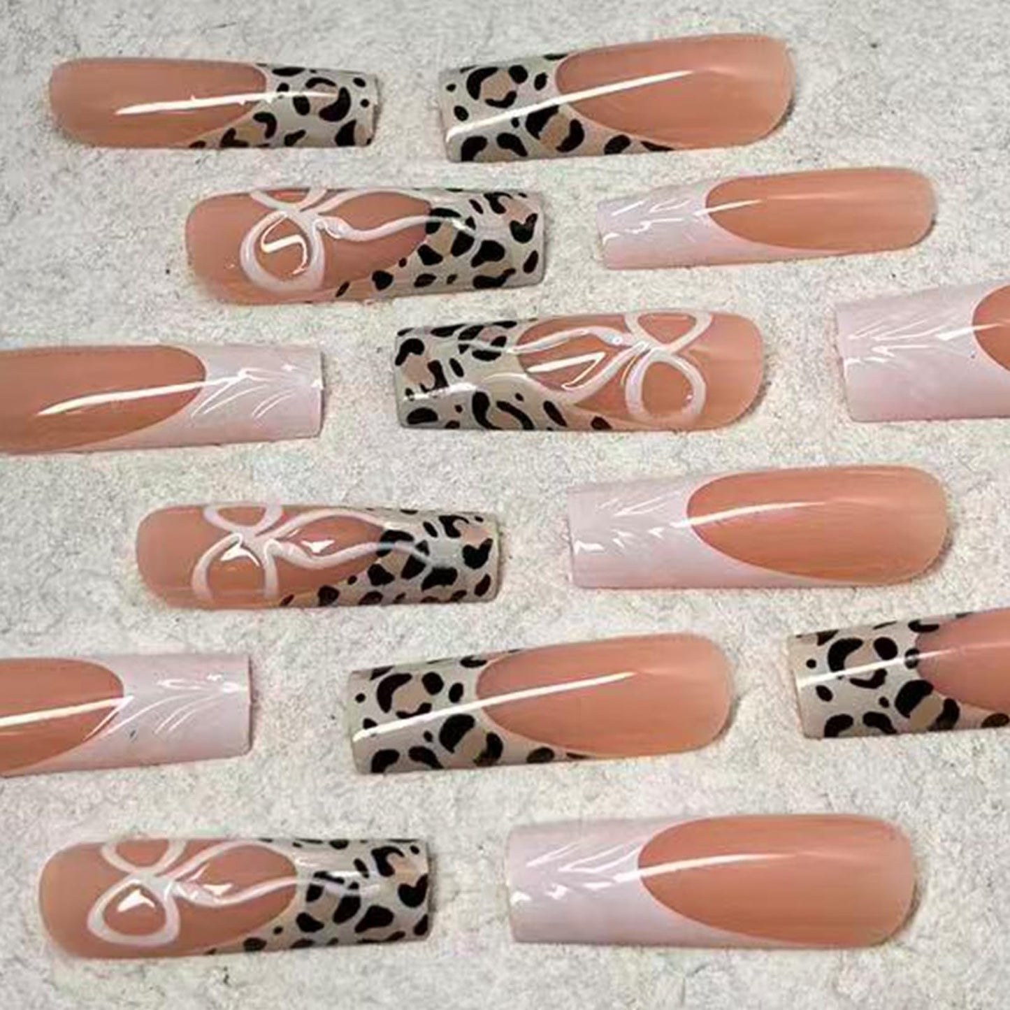 Jremg Leopard Print French Tip Press on Nails Long Square Fake Nails with Designs Glossy 3D White French Coffin False Nails Cute White Bow Glue on Nails Reusable Acrylic Stick on Nails for Women 24Pcs