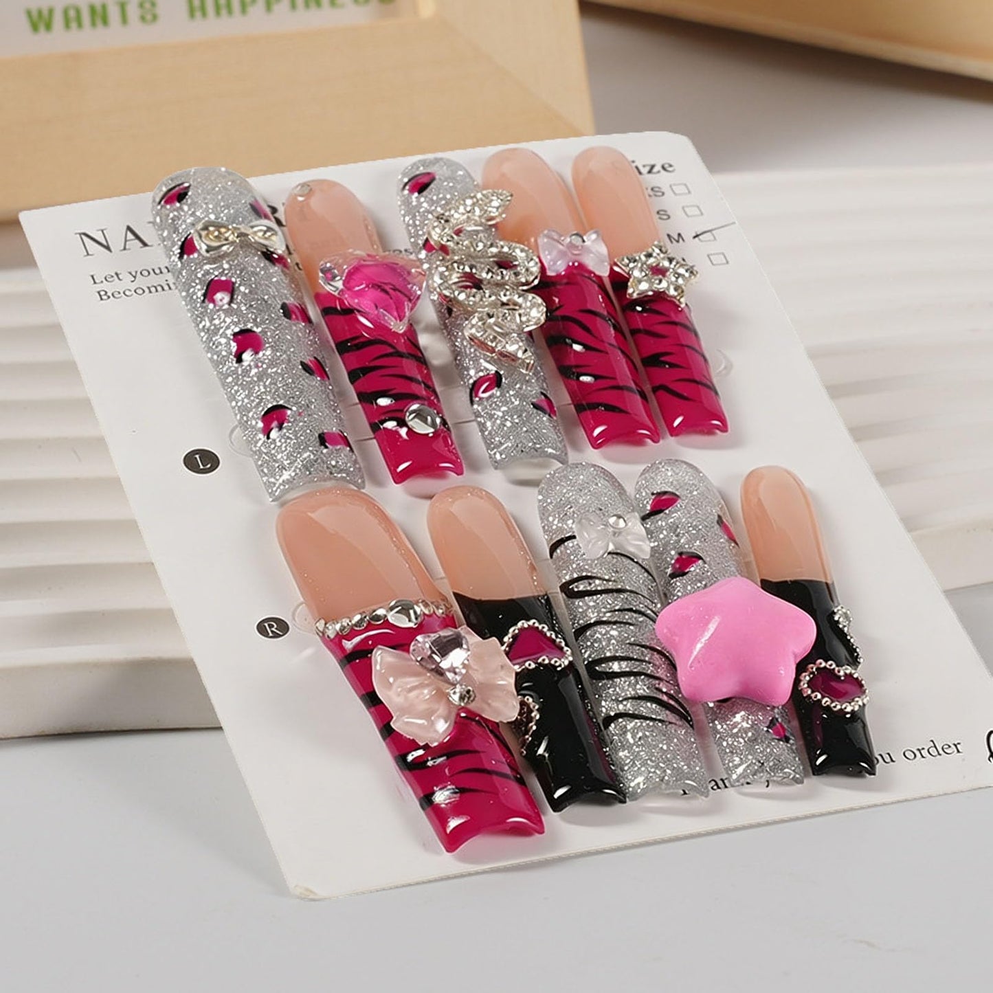 10 Pcs Extra Long Handmade Press on Nails Square Fake Nails with 3D Bow Rhinestones Star Charms Design Red Leopard Print French Tip False Nails Acrylic Wedding Long Press Ons Nails for Women - M Size