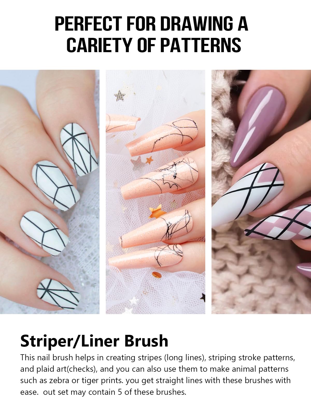 Nail Liner Brush, Fine Line Nail art Brushes 5/9/15/20/25mm Thin Line Nail Brushes Detail Drawing, Liner Brush for Nails Gel (White)