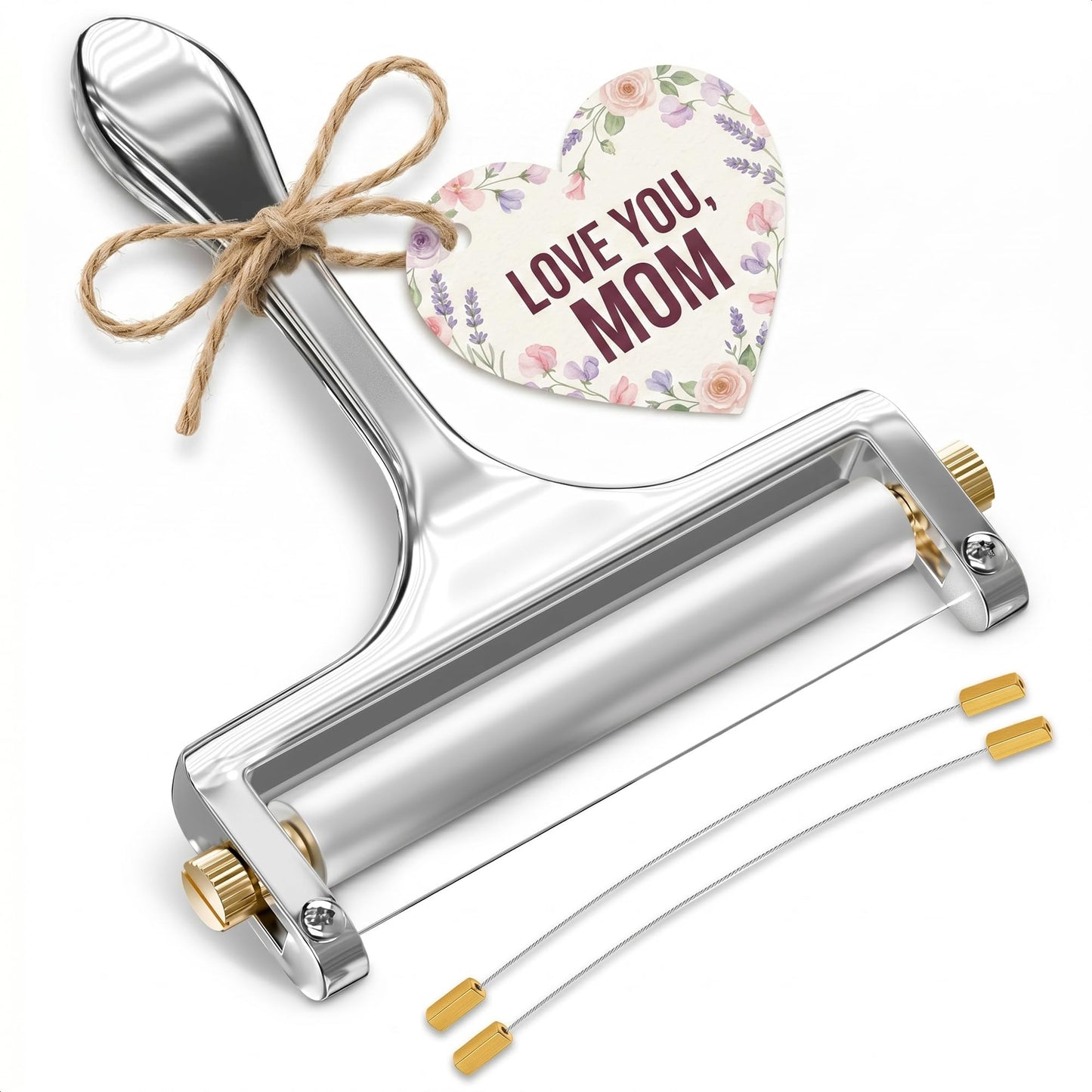 Cheese Slicer Wire - Sharp & Strong Stainless Steel Cheese Cutter Handheld with 2 Extra Wires, Slice Tickness Adjuster, Comfortable Handle & Dishwasher Safe, for Mozzarella, Cheddar & Gruyere Slicing