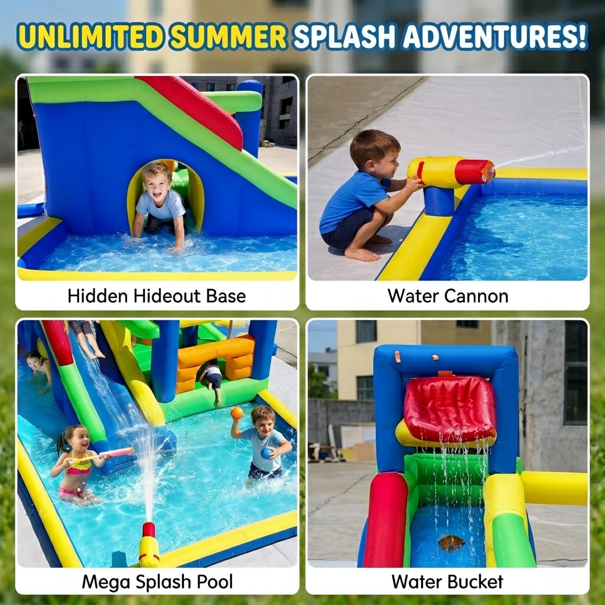 Baralir Upgrade 14.3x13.5FT Inflatable Water Park & Bounce House with Large Splash Pool, Long Slide, Climbing Wall, Basketball Hoop, Craw-Through Hole and Tunnel for Endless Summer Fun